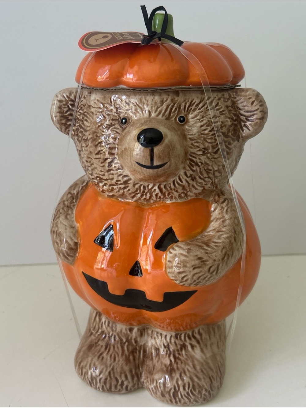 Halloween Creepy Critters Teddy Bear Pumpkin Ceramic Cookie Jar Candy 10”